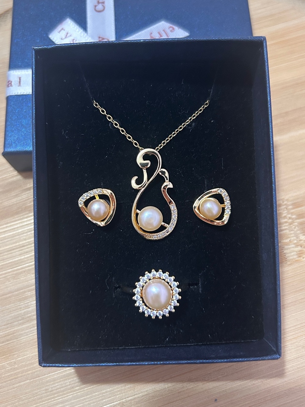 Natural Pearl and Cubic Zirconia Jewelry Set - Necklace, Earrings, Ring